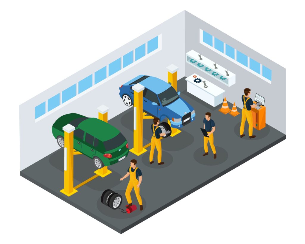 Cartoon image of technicians working on vehicles