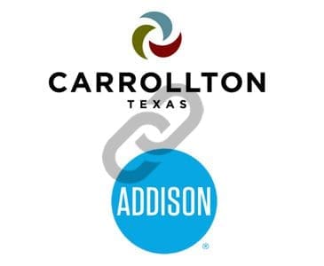 Carrollton Texas and Addison logos linked together